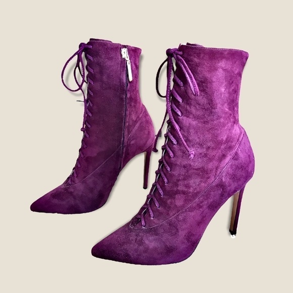 $349 Vero Cuoio Plum/Burgundy Genuine Leather/Suede LaceUp Stiletto Ankle Bootie - Picture 5 of 11